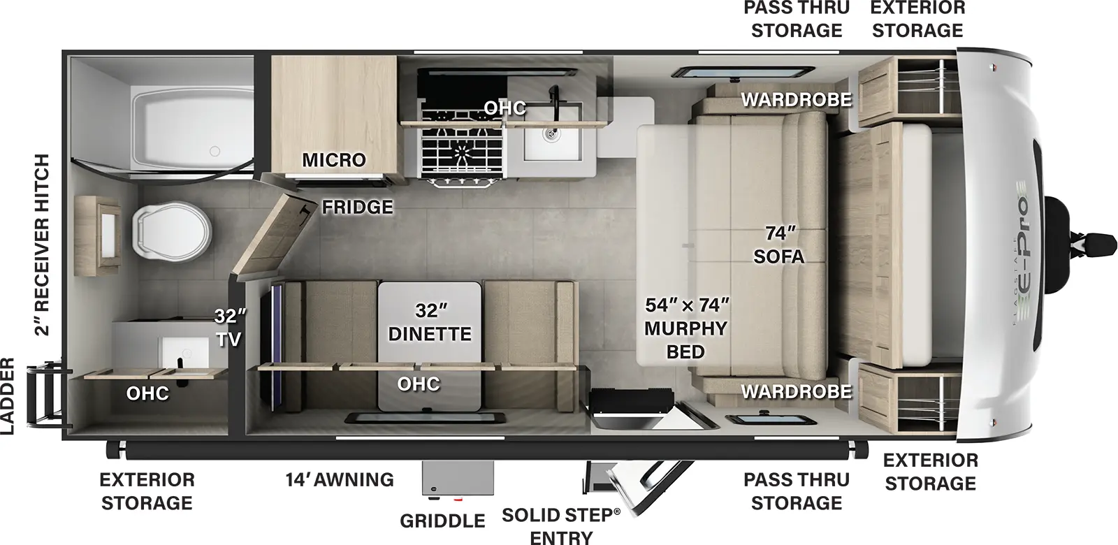 The Flagstaff E-Pro E19FD has one entry and zero slide outs. Exterior features include: fiberglass exterior and 14' awning. Interiors features include: murphy bed and rear bathroom.